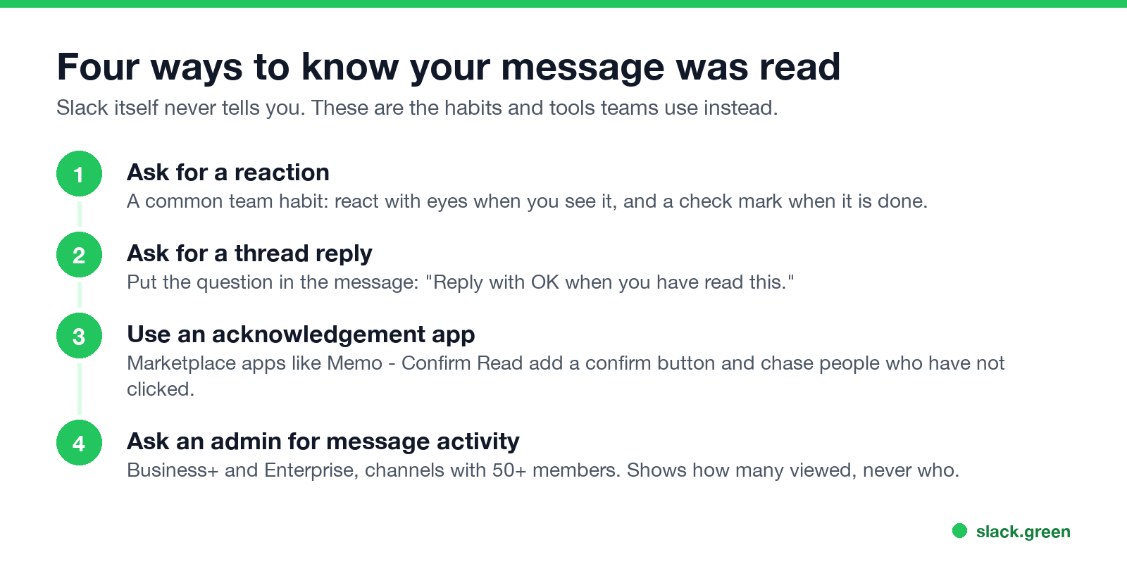 Ask for a reaction, ask for a reply, use an acknowledgement app, or ask an admin for message activity