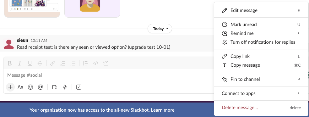The More actions menu on a Slack message: Edit, Mark unread, Remind me, Copy link, Pin, Delete, with no seen or viewed option