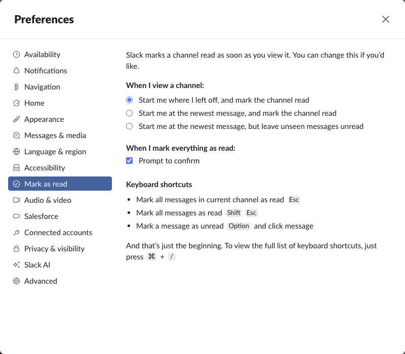 Slack Preferences, Mark as read tab: three choices for When I view a channel, and a Prompt to confirm box for marking everything as read
