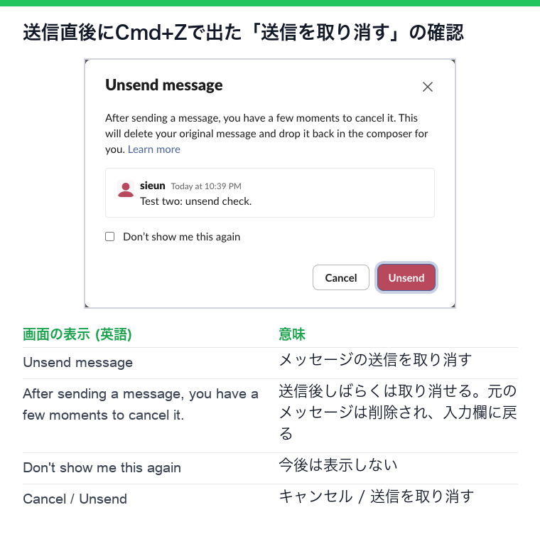 Cmd+Zで出たUnsend message(送信を取り消す)の確認画面(英語)と対応表。送信後しばらくは取り消せ、元のメッセージは削除されて入力欄に戻る。CancelとUnsendのボタン