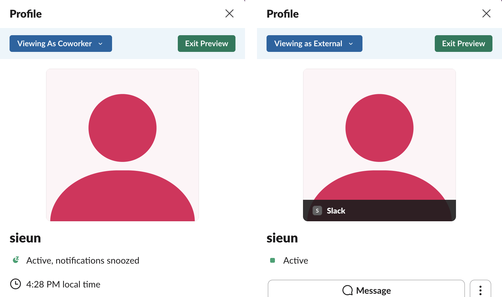 The same Slack profile in View as preview: as a coworker it shows the presence line with notifications snoozed and the local time; as an external contact it shows only Active, the organization badge and a Message button