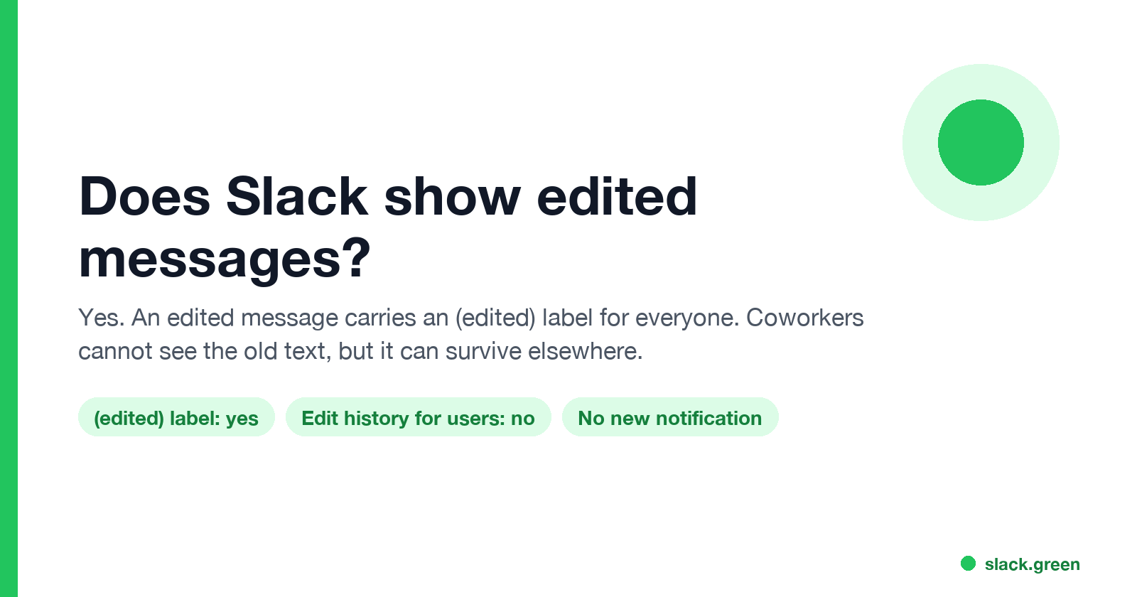 Does Slack show edited messages: an (edited) label for everyone, no edit history for users, no new notification