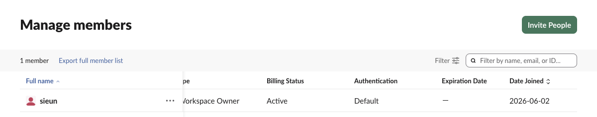 Slack's Manage members page on a Free plan with the columns Full name, Account type, Billing Status, Authentication, Expiration Date and Date Joined, and no last active column