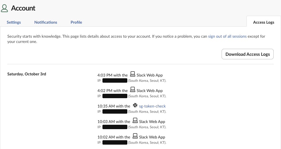 The Access Logs tab of a real Slack account: each entry shows the time, the client (Slack Web App or an app name) and the IP address with South Korea, Seoul; KT