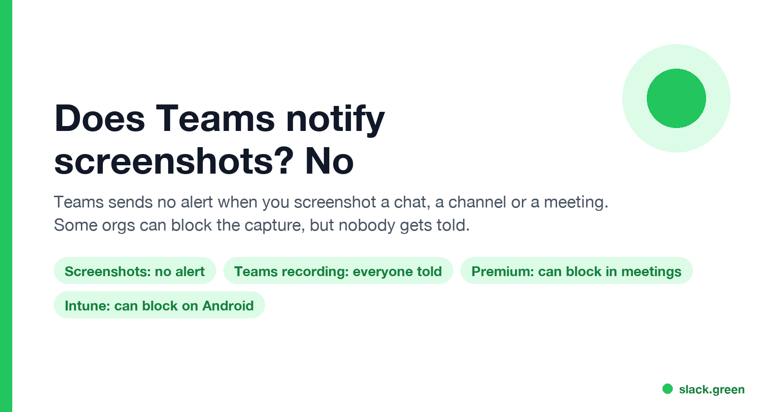 Does Teams notify screenshots: no alert for screenshots, recording banner for Teams recordings, Premium and Intune can block captures