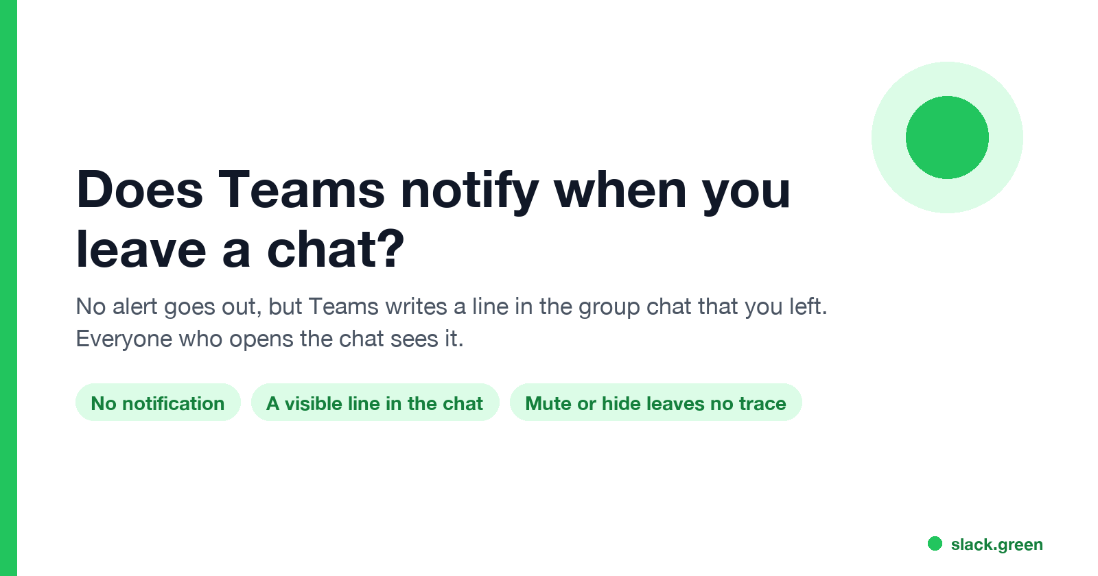 Does Teams notify when you leave a chat: no notification, but a visible line in the chat; mute or hide leaves no trace
