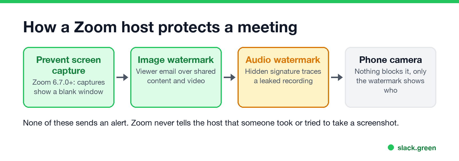How a Zoom host protects a meeting: Prevent screen capture blocks captures, an image watermark shows the viewer's email, an audio watermark traces recordings
