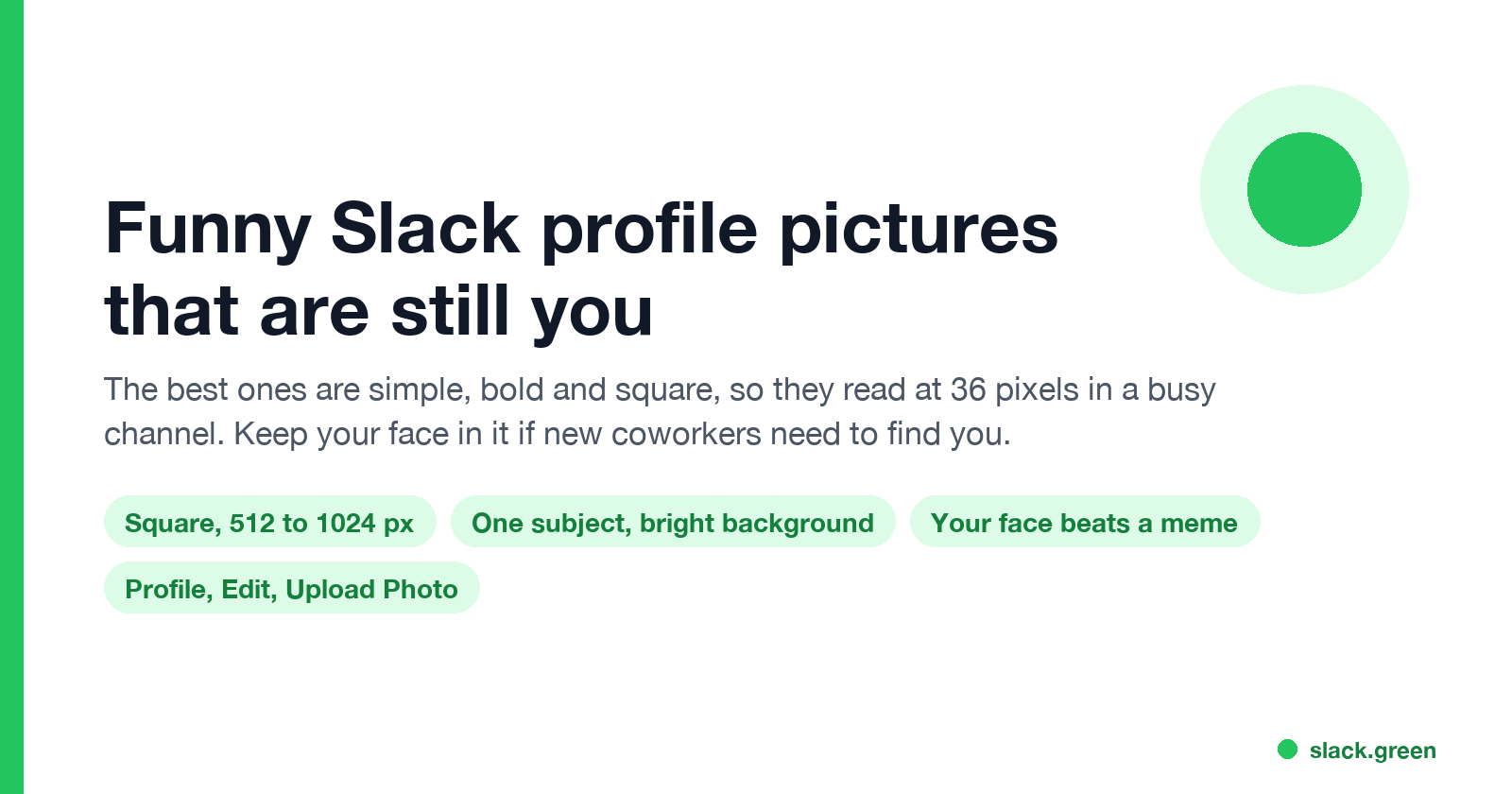 Funny Slack profile pictures that are still you: square, 512 to 1024 pixels, one subject, bright background