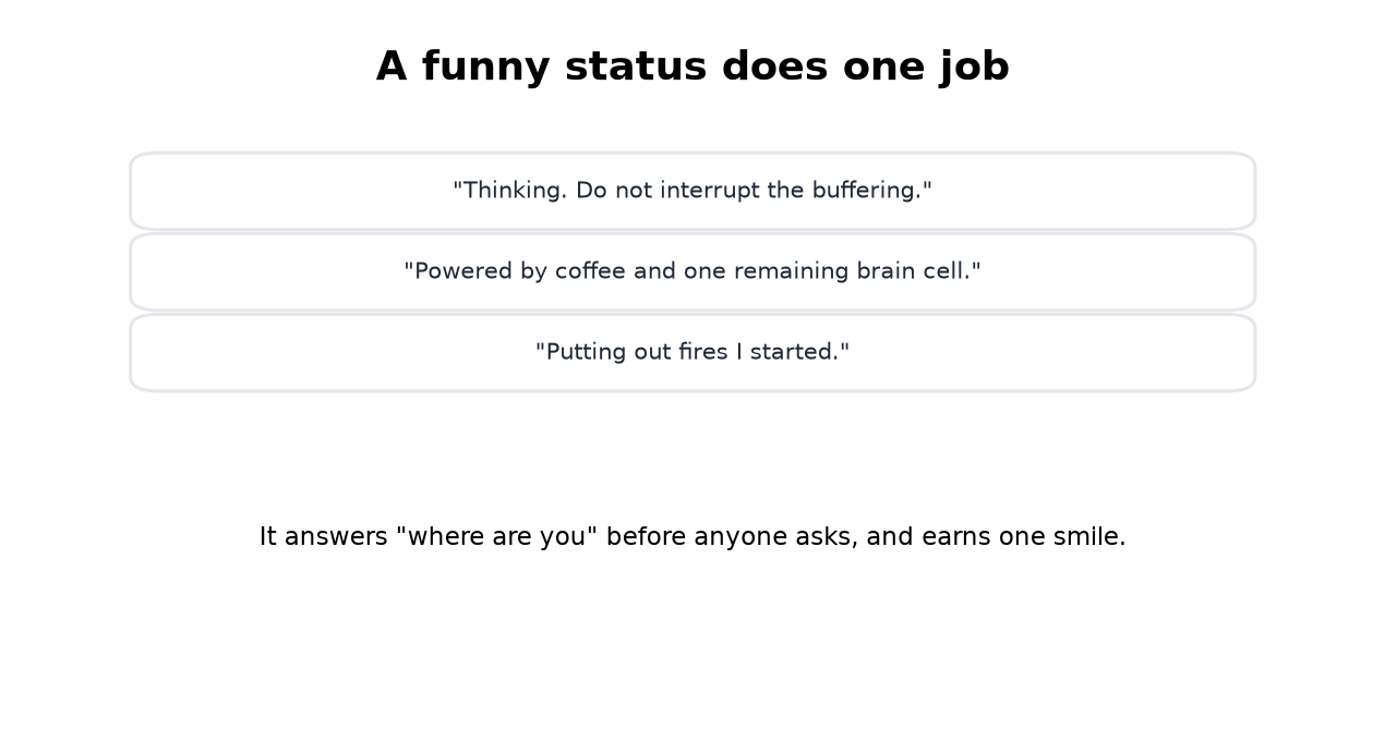 Three one-line statuses that answer the question and land a small joke