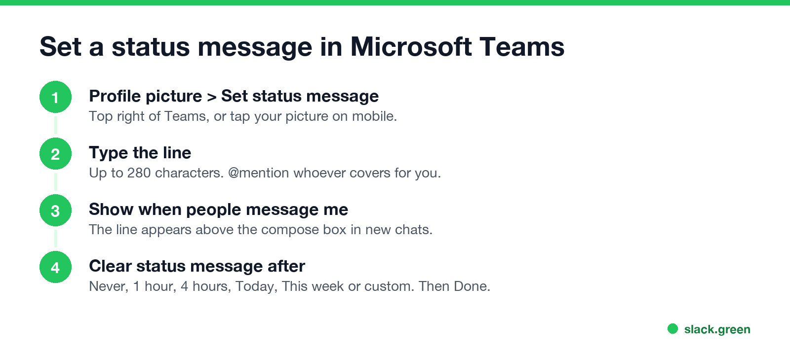 How to set a funny status message in Microsoft Teams: profile picture, Set status message, clear after, Done