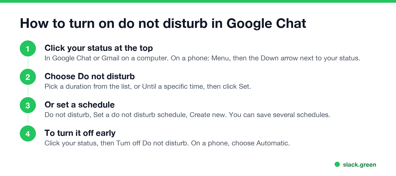 How to turn on do not disturb in Google Chat: click your status, choose Do not disturb and a duration, or set a schedule, and turn it off early
