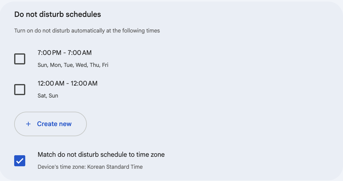 Google Chat settings, Do not disturb schedules: two suggested schedules, 7:00 PM to 7:00 AM Sunday to Friday and all day Saturday and Sunday, both unticked, a Create new button, and Match do not disturb schedule to time zone