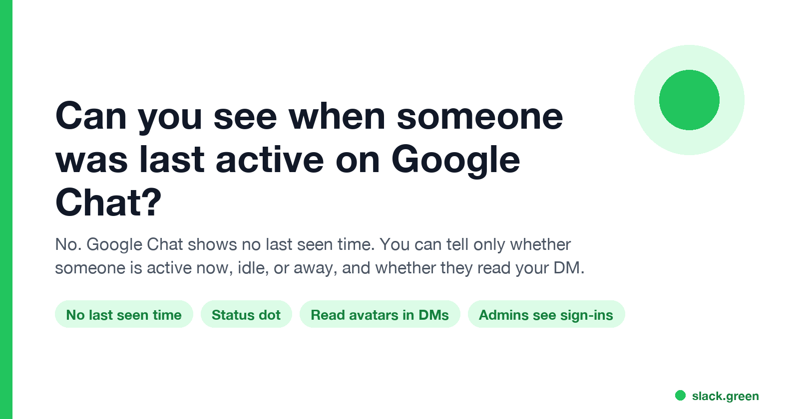 Can you see when someone was last active on Google Chat: no last seen time, only the status dot, read avatars in DMs, and admin sign-in logs