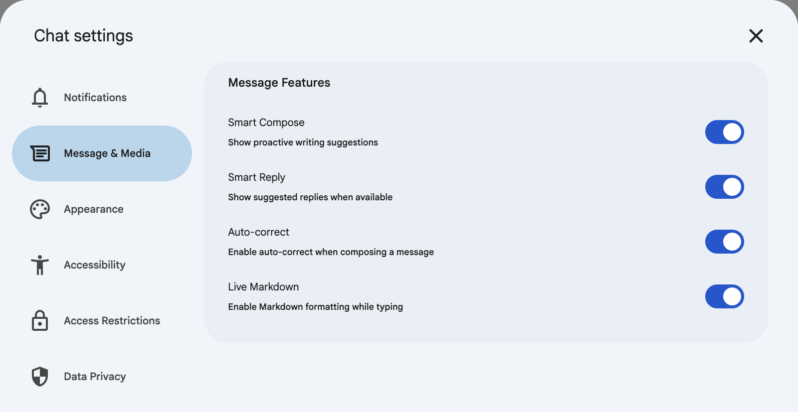 Google Chat settings, Message & Media page, 3 October 2026: Smart Compose, Smart Reply, Auto-correct and Live Markdown, and no read receipt option on any of the six settings pages