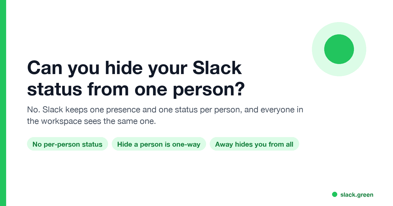 Can you hide your Slack status from one person: no per-person status, Hide a person is one-way, Away hides you from everyone