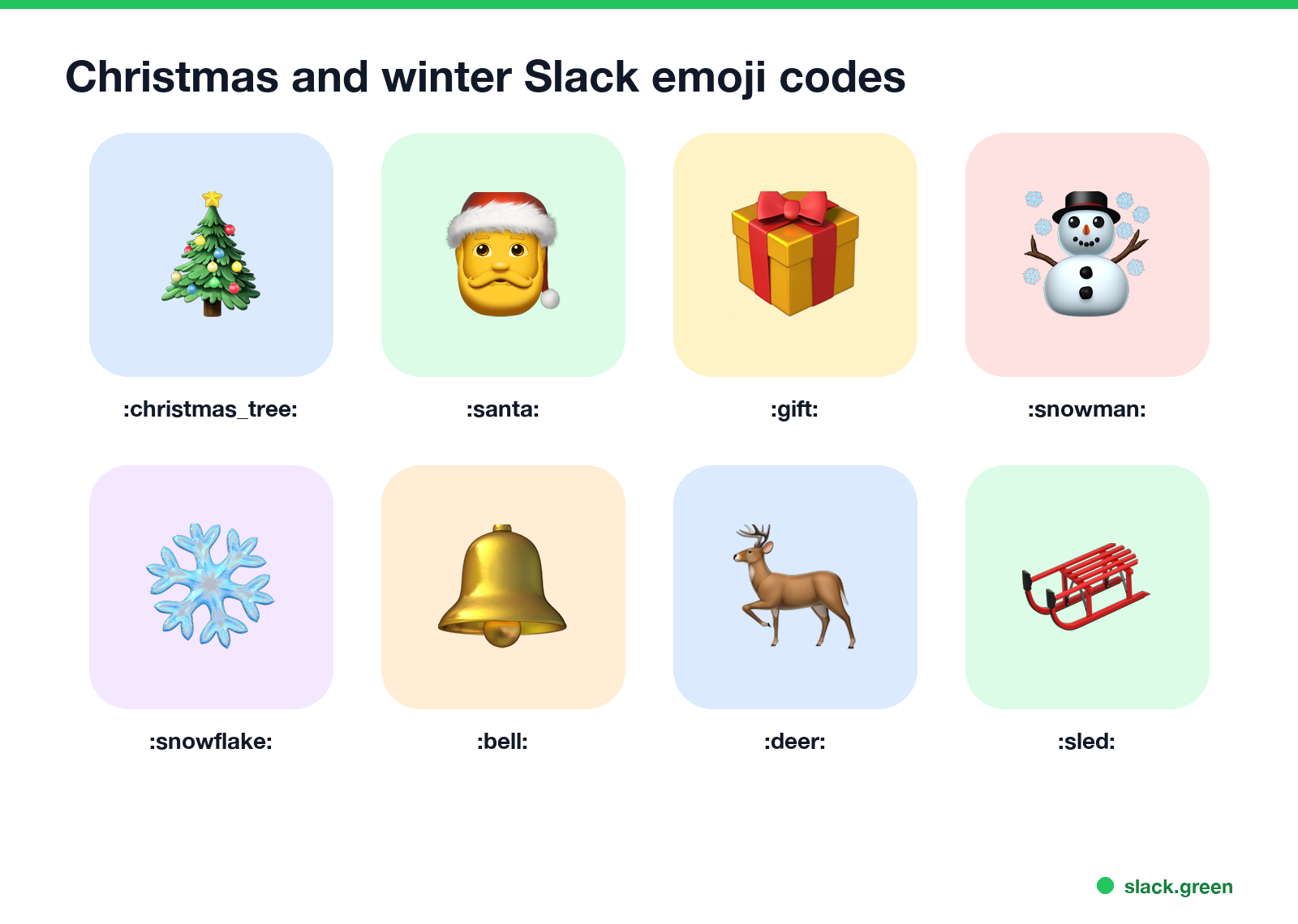 Christmas and winter Slack emoji codes: christmas_tree, santa, gift, snowman, snowflake, bell, deer, sled