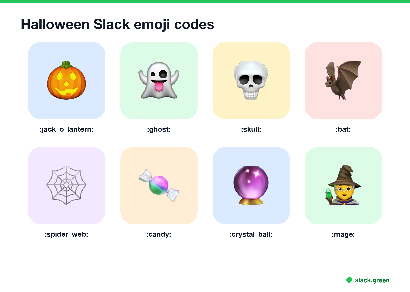 Halloween Slack emoji codes: jack_o_lantern, ghost, skull, bat, spider_web, candy, crystal_ball, mage