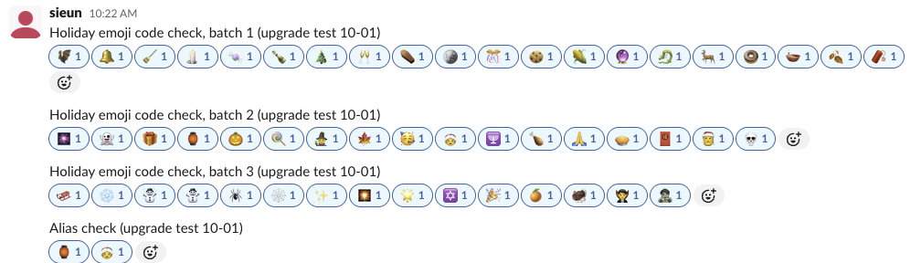 52 Slack reactions added from this page's holiday emoji codes, each one accepted by Slack