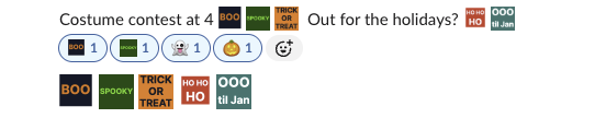 Five custom holiday emoji in a Slack message: BOO, SPOOKY, TRICK OR TREAT, HO HO HO and OOO til Jan, plus reactions