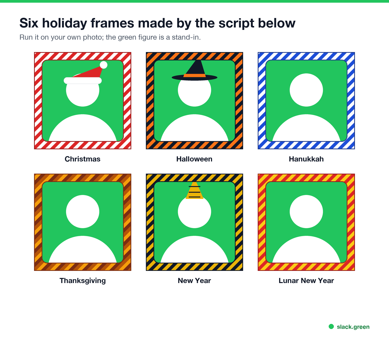 Six holiday frames made by the script: Christmas, Halloween, Hanukkah, Thanksgiving, New Year, Lunar New Year