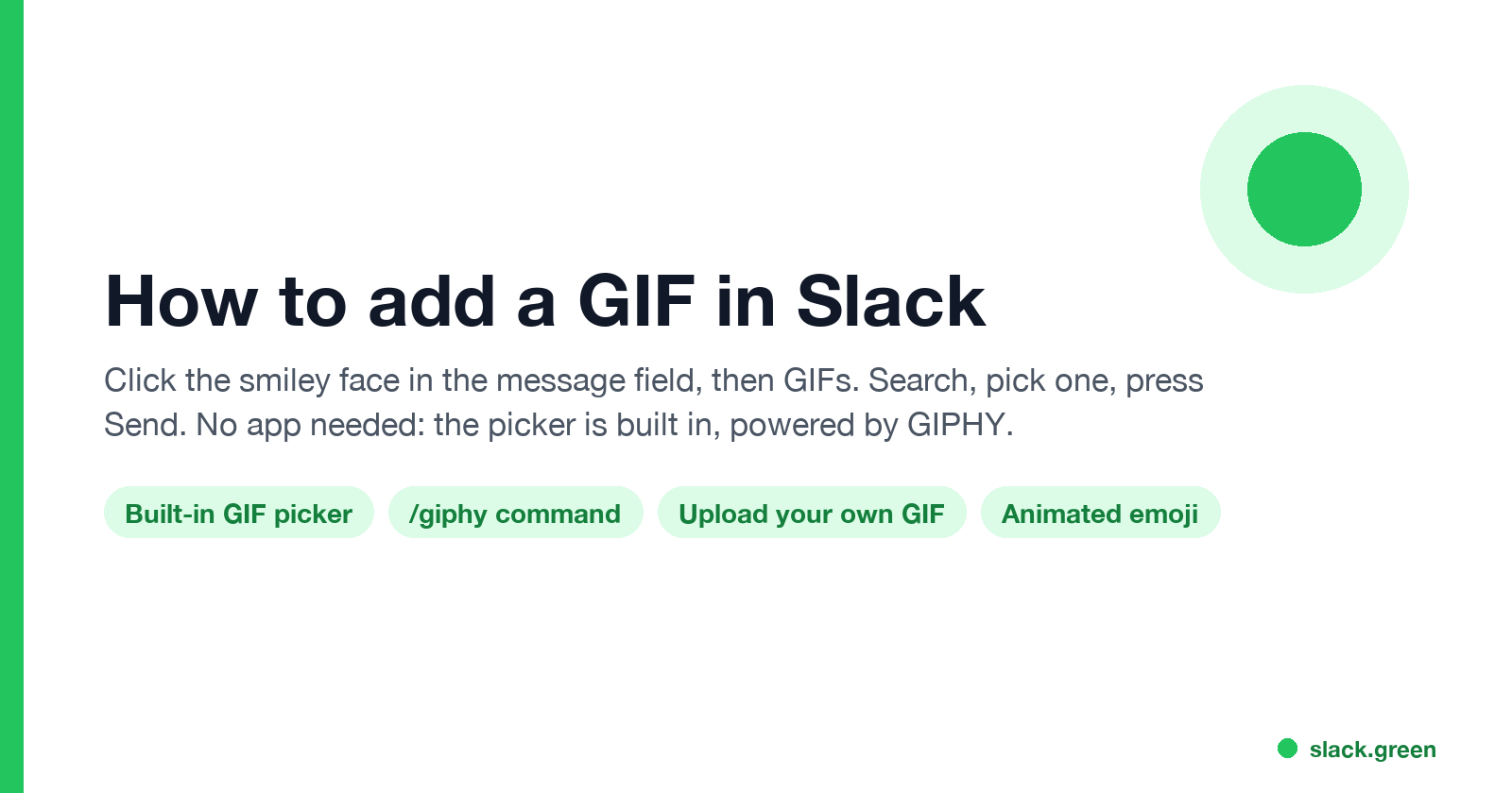 How to add a GIF in Slack: smiley face, GIFs, search, Send; built-in picker, /giphy, upload, animated emoji
