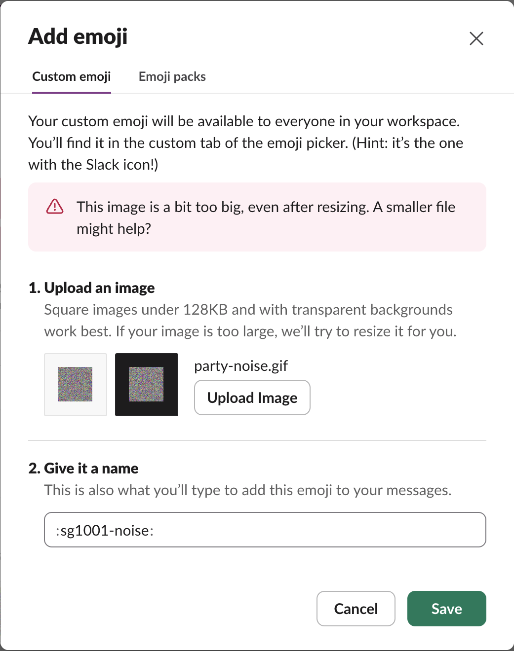 Slack's Add emoji dialog refusing a 924 KB animated GIF with the message: This image is a bit too big, even after resizing. A smaller file might help?