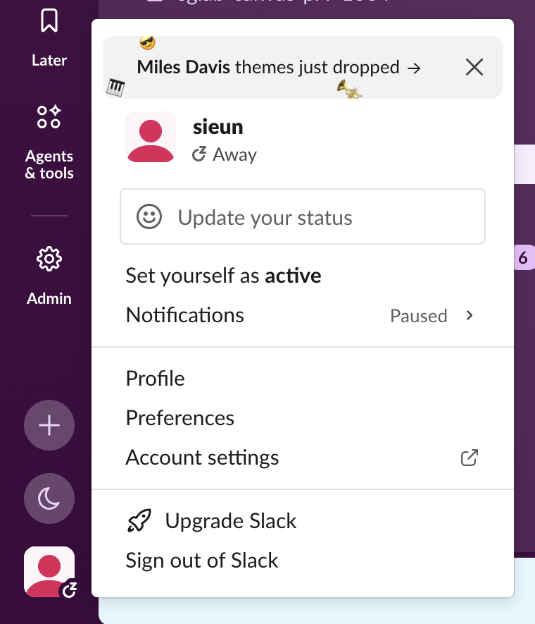 Slack's profile menu while you are set away: it offers Set yourself as active, which removes a manual away once