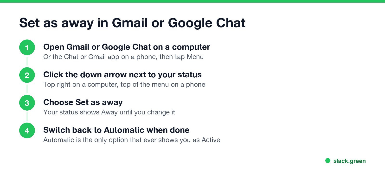 Set as away in Gmail or Google Chat: open the app, click the arrow next to your status, choose Set as away, switch back to Automatic