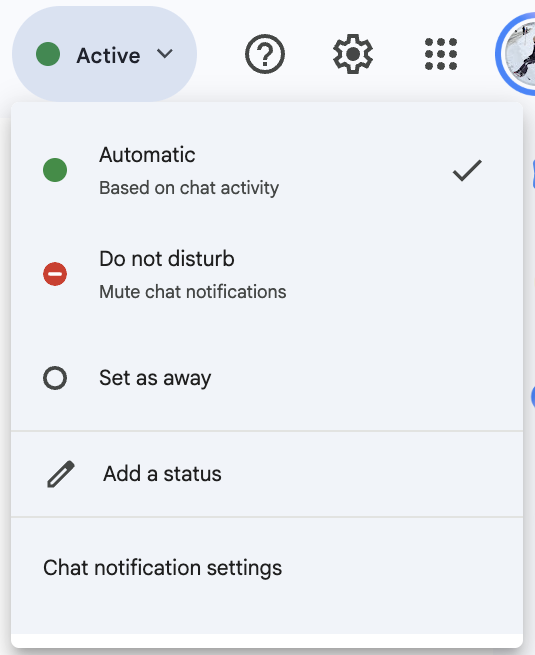 The Google Chat status menu on chat.google.com, opened from the Active button at the top right: Automatic (Based on chat activity), Do not disturb (Mute chat notifications), Set as away, Add a status and Chat notification settings
