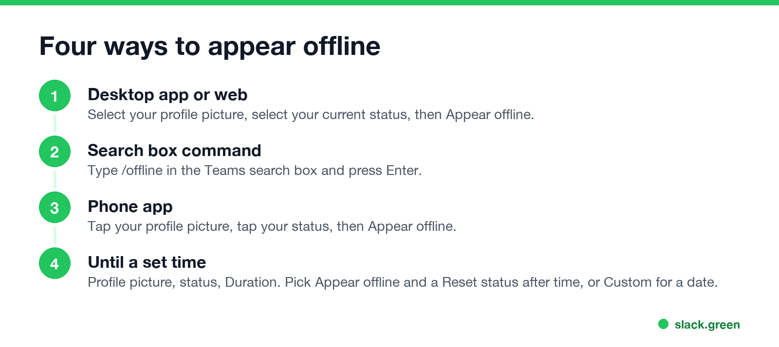 Four ways to appear offline on Teams: desktop, search box command, phone app, until a set time