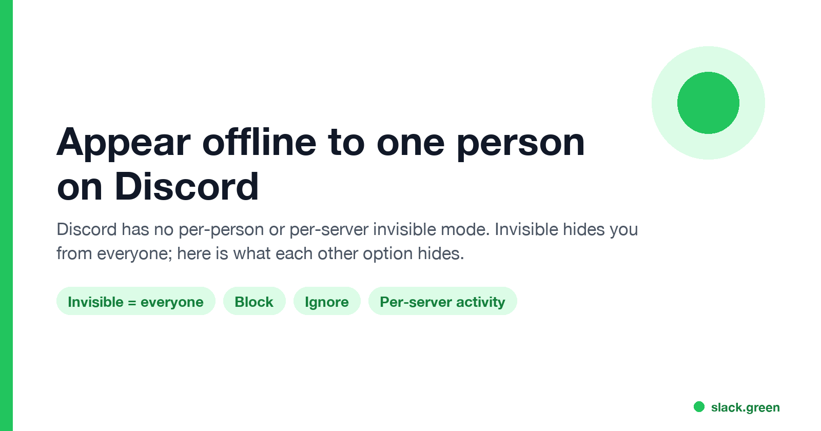 Appear offline to one person on Discord: Invisible hides you from everyone; block, ignore and per-server activity settings compared