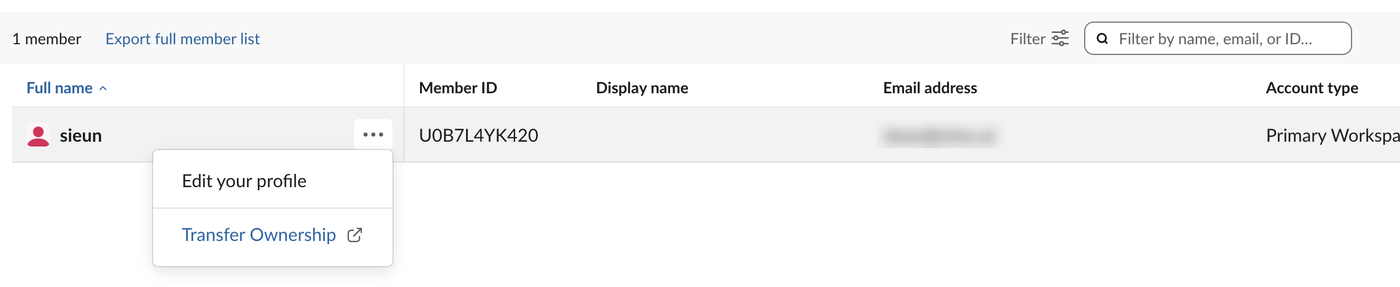 Slack Manage members page on a Free workspace with one member, the Primary Workspace Owner. The row's three-dot menu shows Edit your profile and Transfer Ownership. The email column is blurred