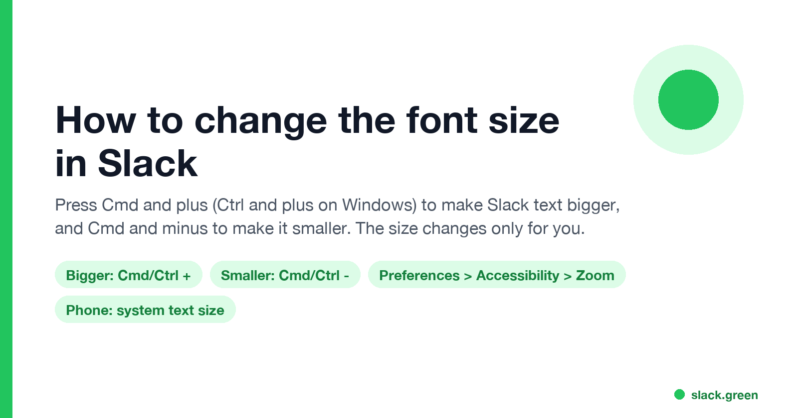 How to change the font size in Slack: Cmd or Ctrl and plus to zoom in, minus to zoom out, Preferences Accessibility Zoom, phone text size