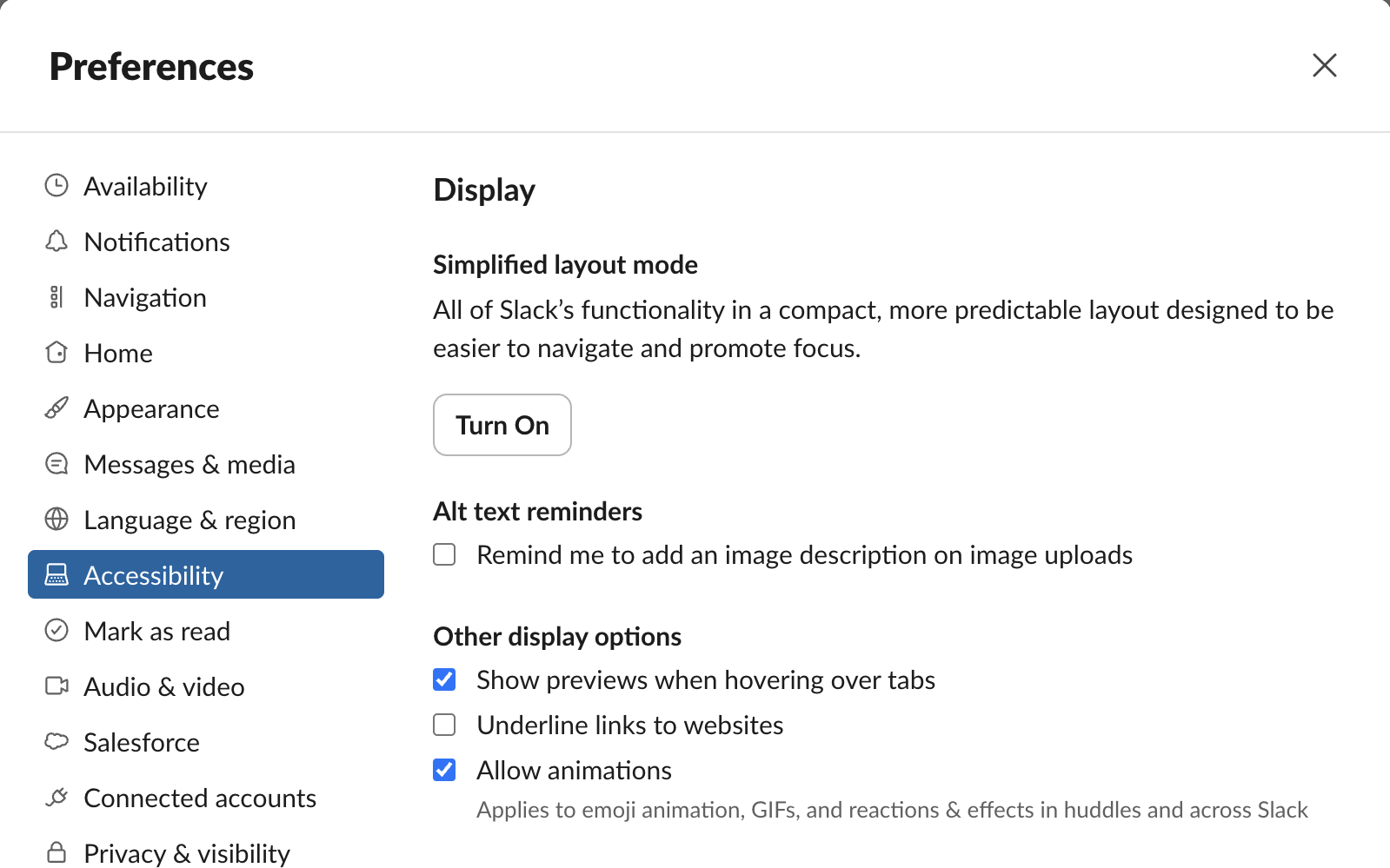 Slack web app Preferences, Accessibility tab, 3 October 2026: Simplified layout mode, alt text reminders, other display options and keyboard settings, with no Zoom option