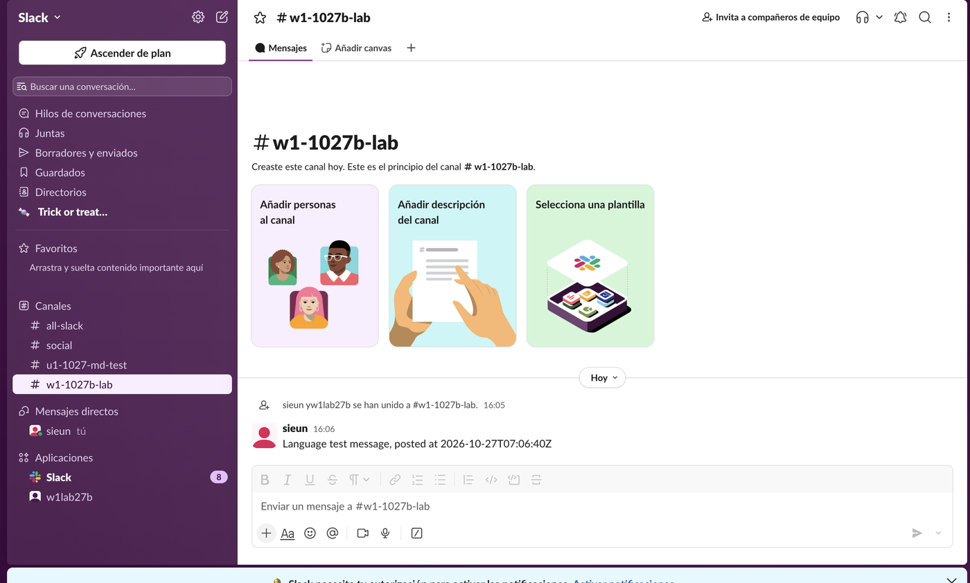 The Slack web app in Spanish. The sidebar shows Hilos de conversaciones and Borradores y enviados, and an English test message in the channel is unchanged, with its time shown as 16:06