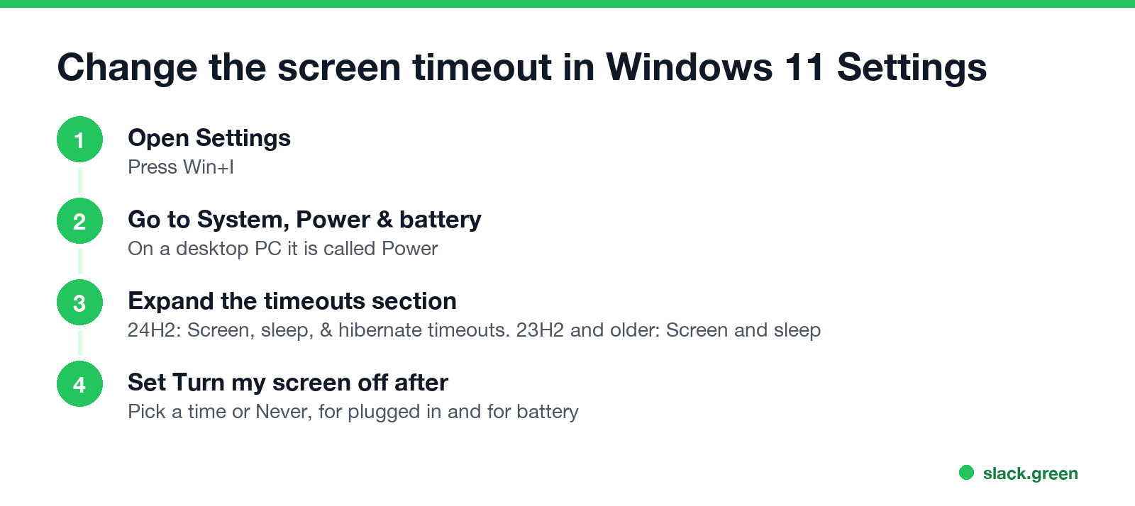 Change the screen timeout in Windows 11 Settings: Win+I, System, Power & battery, timeouts, Turn my screen off after