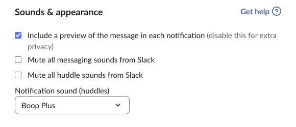 Slack's Sounds & appearance preferences in a browser: Include a preview of the message, Mute all messaging sounds from Slack, Mute all huddle sounds from Slack, and Notification sound (huddles) set to Boop Plus
