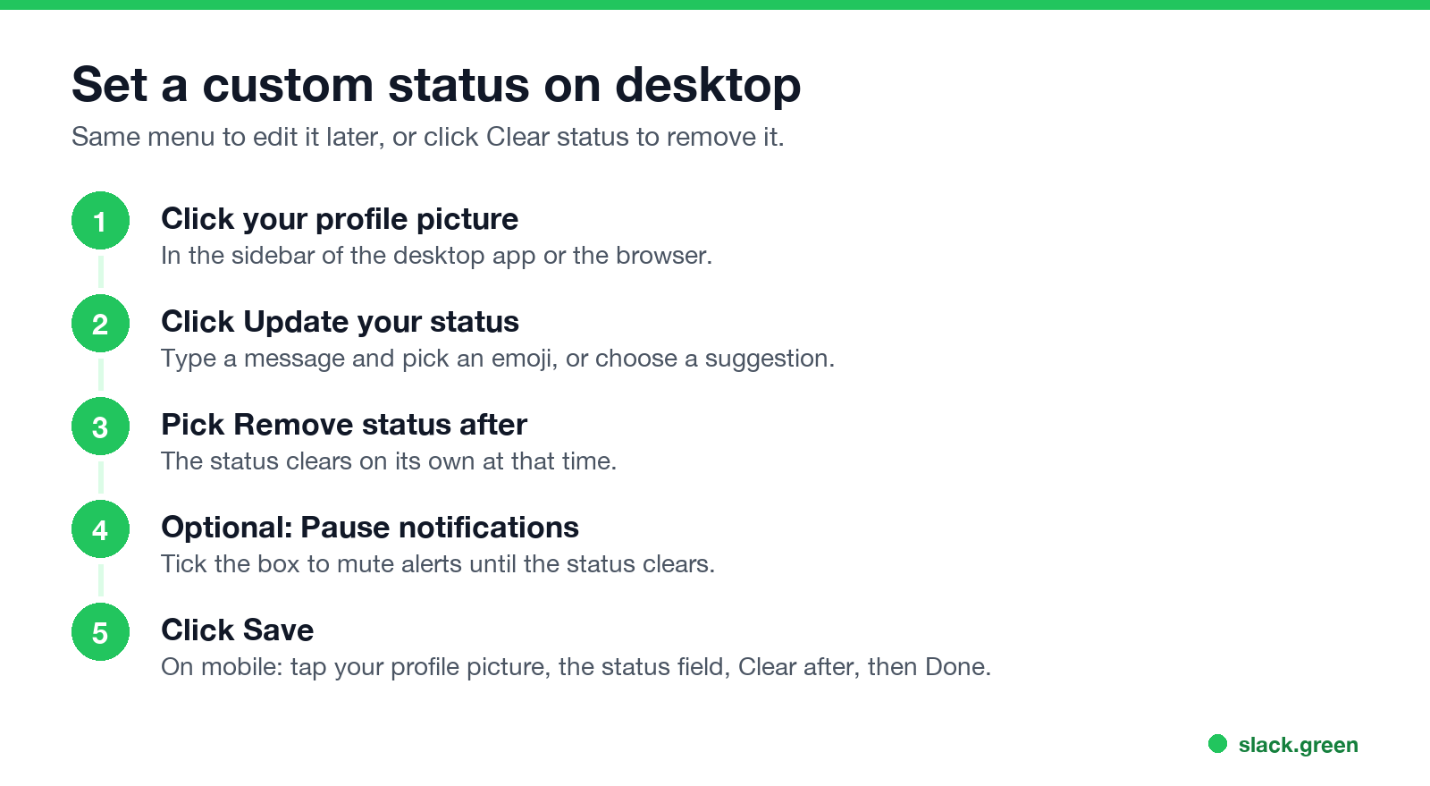 Five steps to set a custom status on desktop, with the mobile path