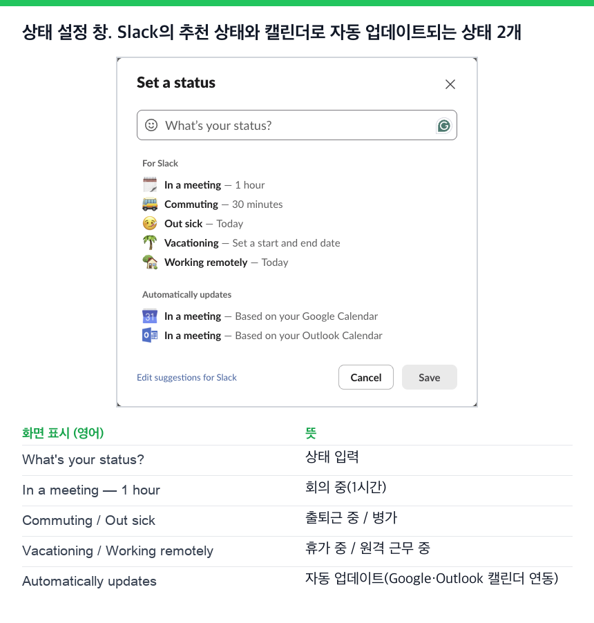 상태 설정 창. Slack의 추천 상태와 캘린더에 따른 자동 상태 두 개
