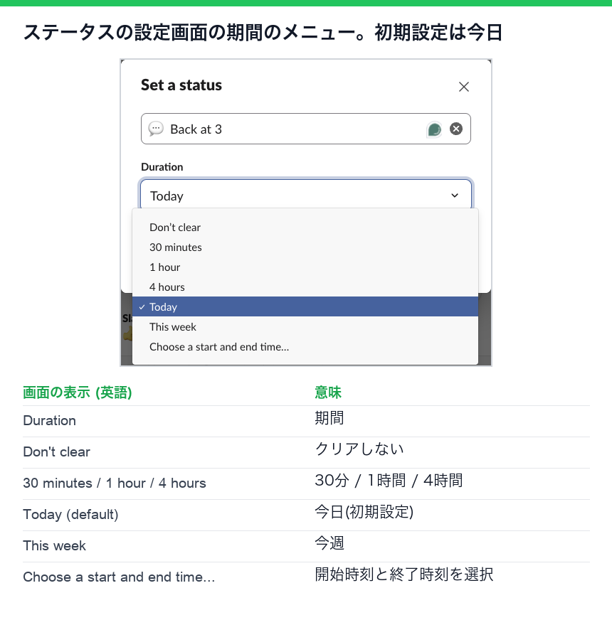 ステータスの設定画面の期間のメニュー。初期設定で今日が選ばれている