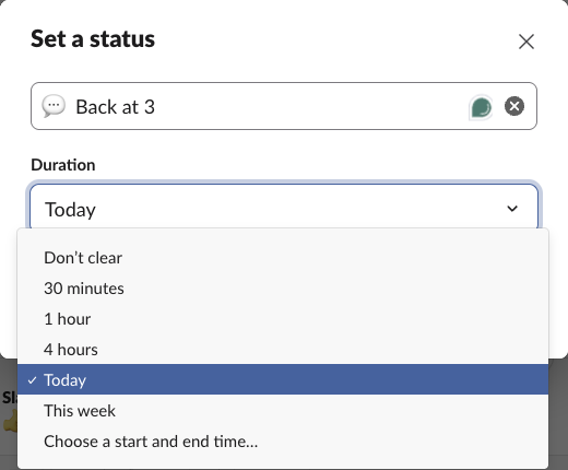 The Duration menu in Slack's Set a status window, with Today selected by default