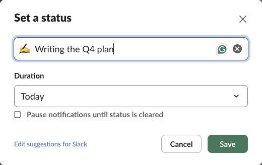 Slack filled in the writing hand emoji after we typed Writing the Q4 plan