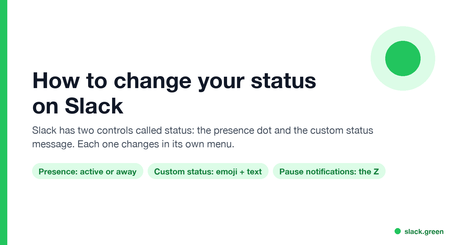 Slack has two controls called status: the presence dot and the custom status message