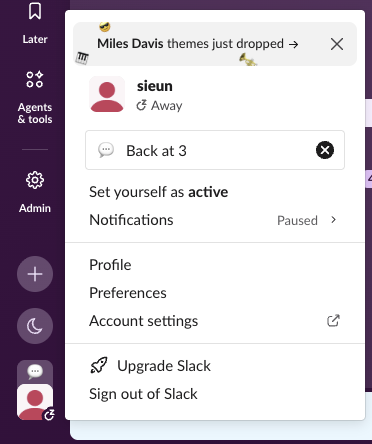 The profile menu while away: Away under the name and Set yourself as active