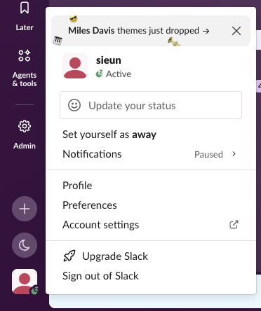 The profile menu in Slack, opened from the profile picture in the bottom-left corner