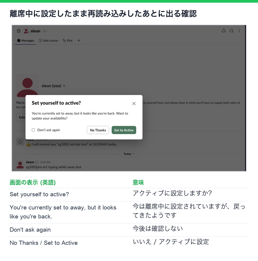 離席中のまま再読み込みしたあとのSlackの確認。アクティブに設定しますか?