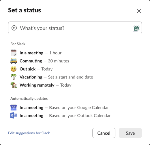 The Set a status window with Slack's suggested statuses and the two calendar-based automatic statuses
