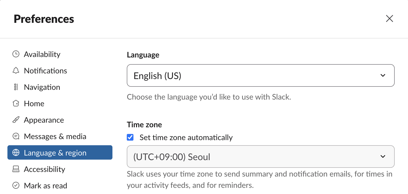 Slack Preferences, Language & region: Set time zone automatically is ticked and the Time zone drop-down, (UTC+09:00) Seoul, is greyed out