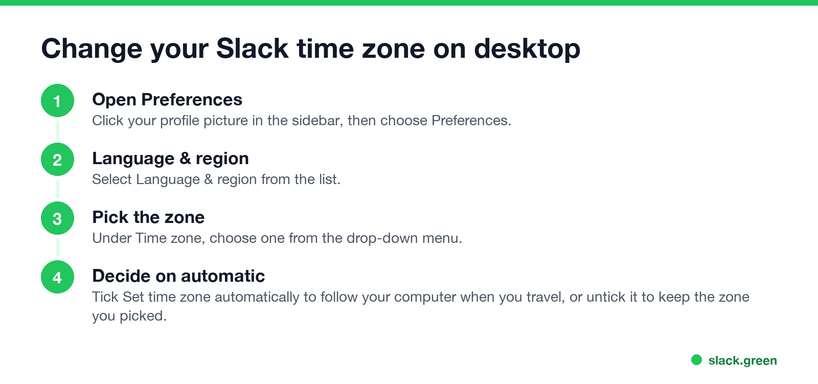 Change your Slack time zone on desktop: open Preferences, Language & region, pick the zone, decide on automatic