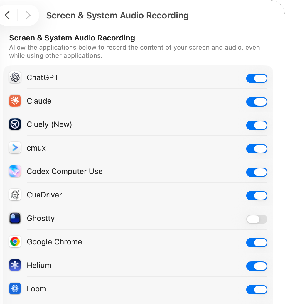 The Screen & System Audio Recording list on our test Mac (macOS 26.5.2): every app that may capture the screen is listed by name with its own switch